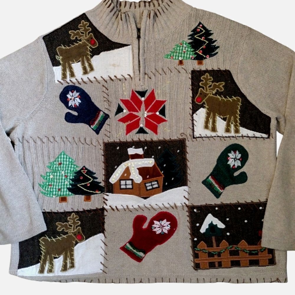 VTG 90s Beige Ugly Christmas Embroidered Quarter Zip Sweater 2X - Picture 2 of 15